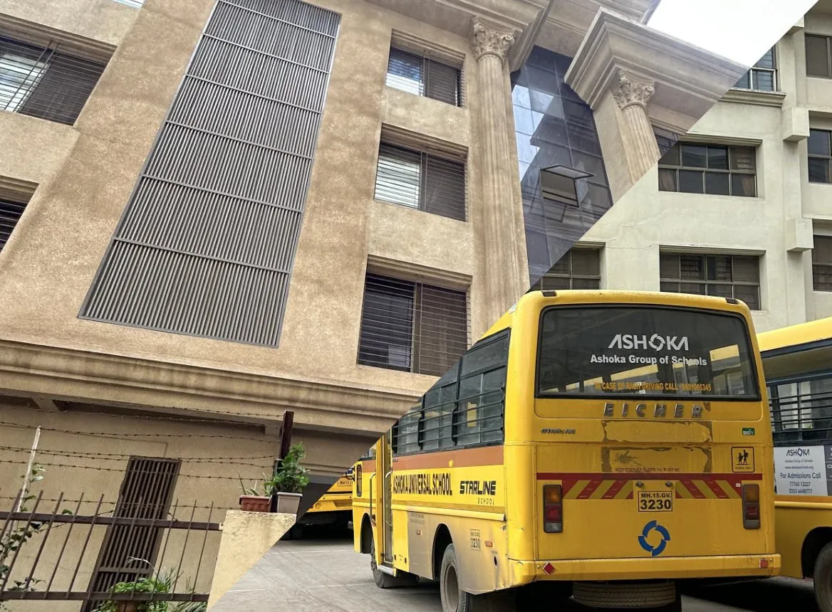 School buses outside the hostel building