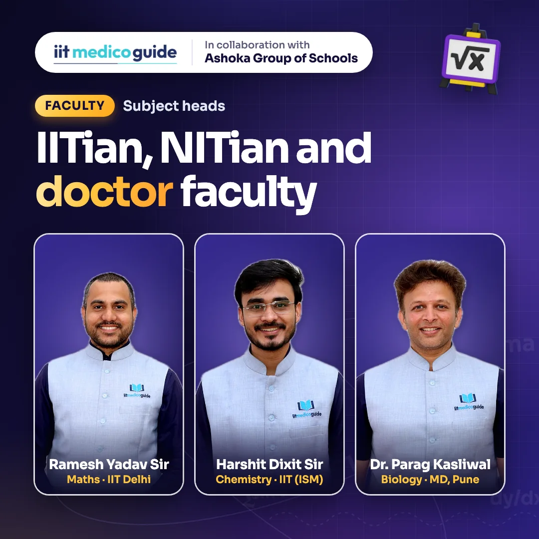 Co-founders and subject heads: Ramesh Yadav Sir (Maths, IIT Delhi), Harshit Dixit Sir (Chemistry, IIT ISM) and Dr. Parag Kasliwal (Biology, MD Pune)
