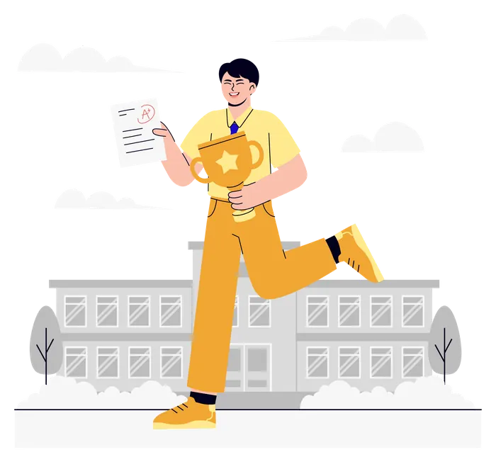 Illustration of a student running with a trophy and an A grade report, in front of a school building