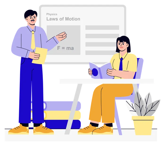 Illustration of a teacher explaining the laws of motion to a student in class